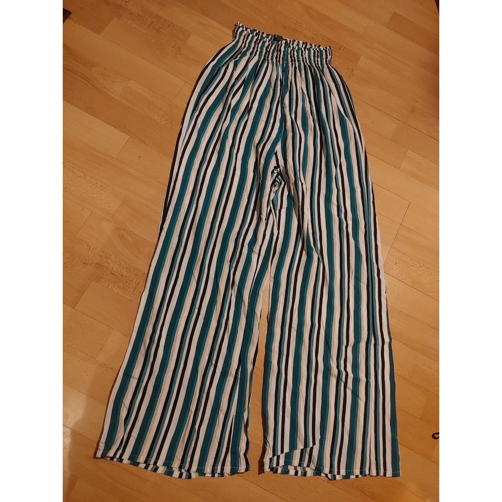 Ilanco striped beach pants womens Medium Wide‎ blue peach boho baggy Lightweight